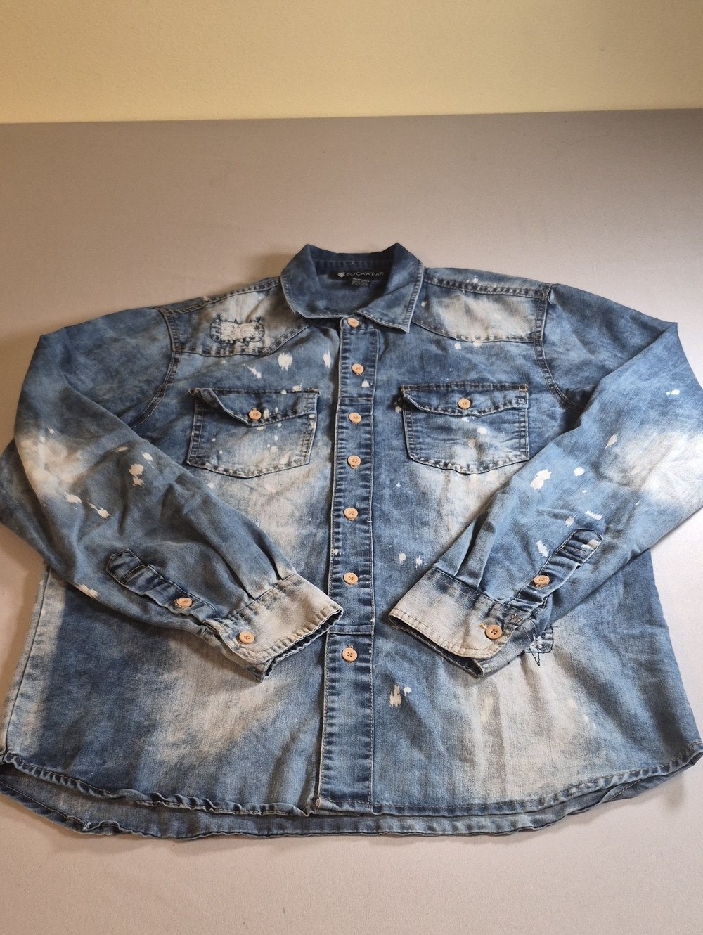 Mens Rocawear Faded Blue Denim Shirt Jacket with Distressed Splatter
